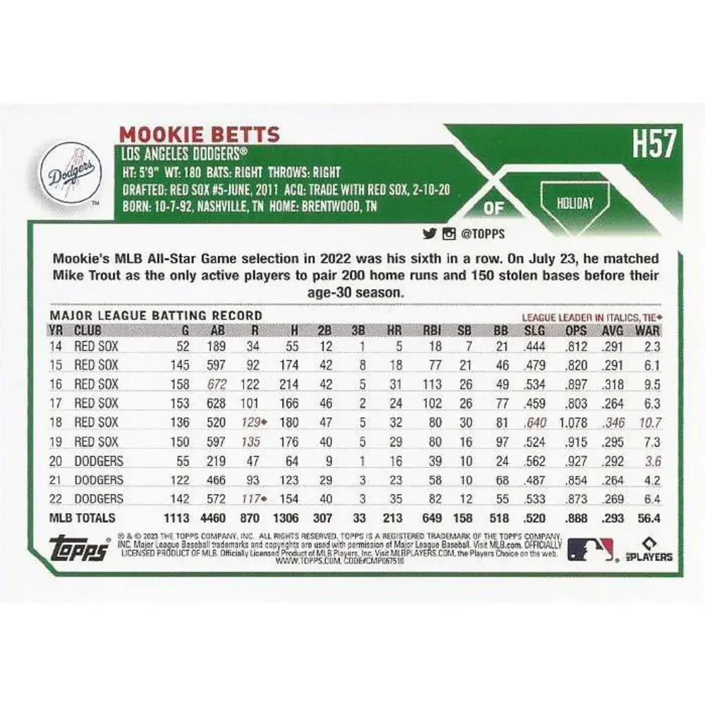 2023 Topps Holiday Mookie Betts H57 Los Angeles Dodgers